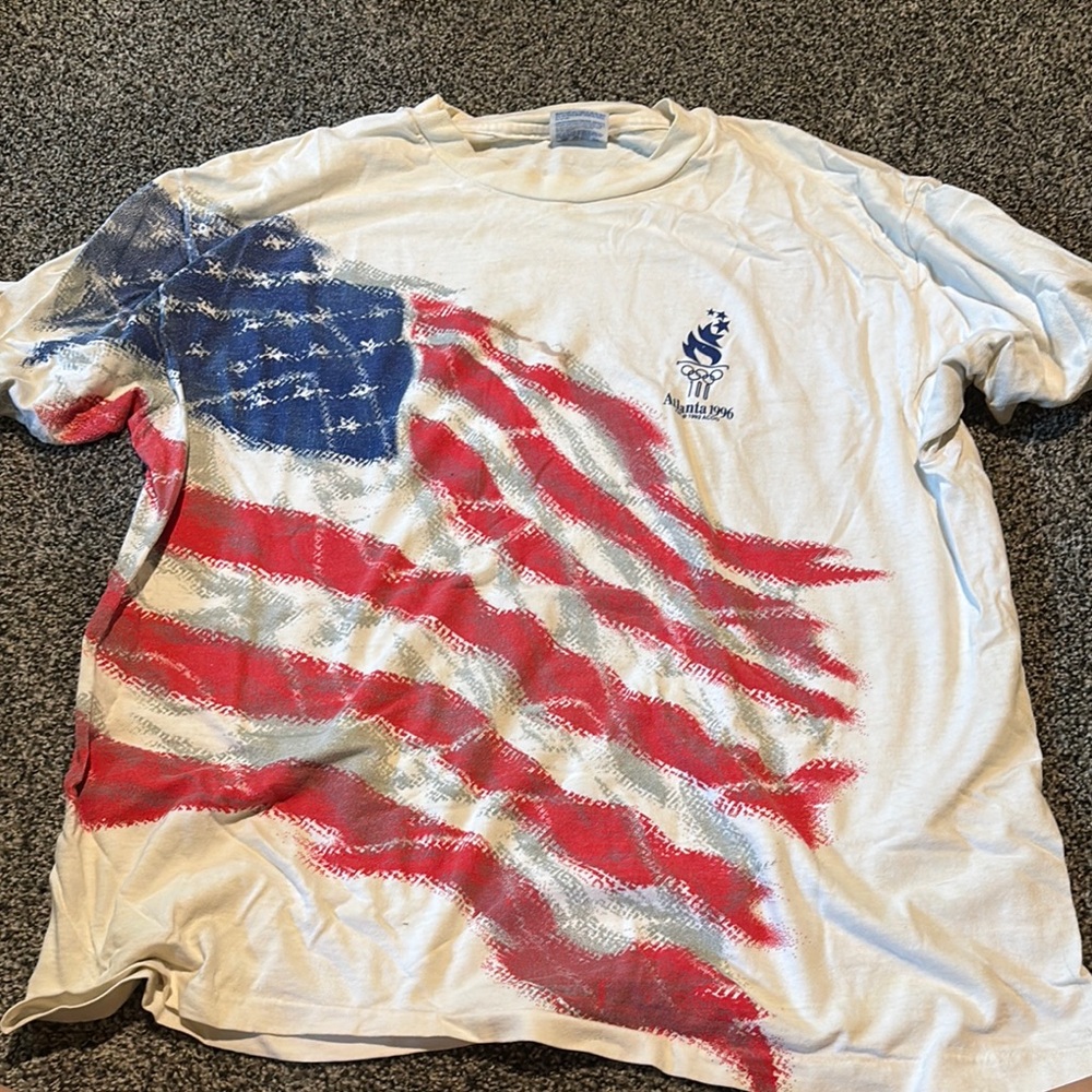 Hanes White Tee with Red and Blue Flag Design